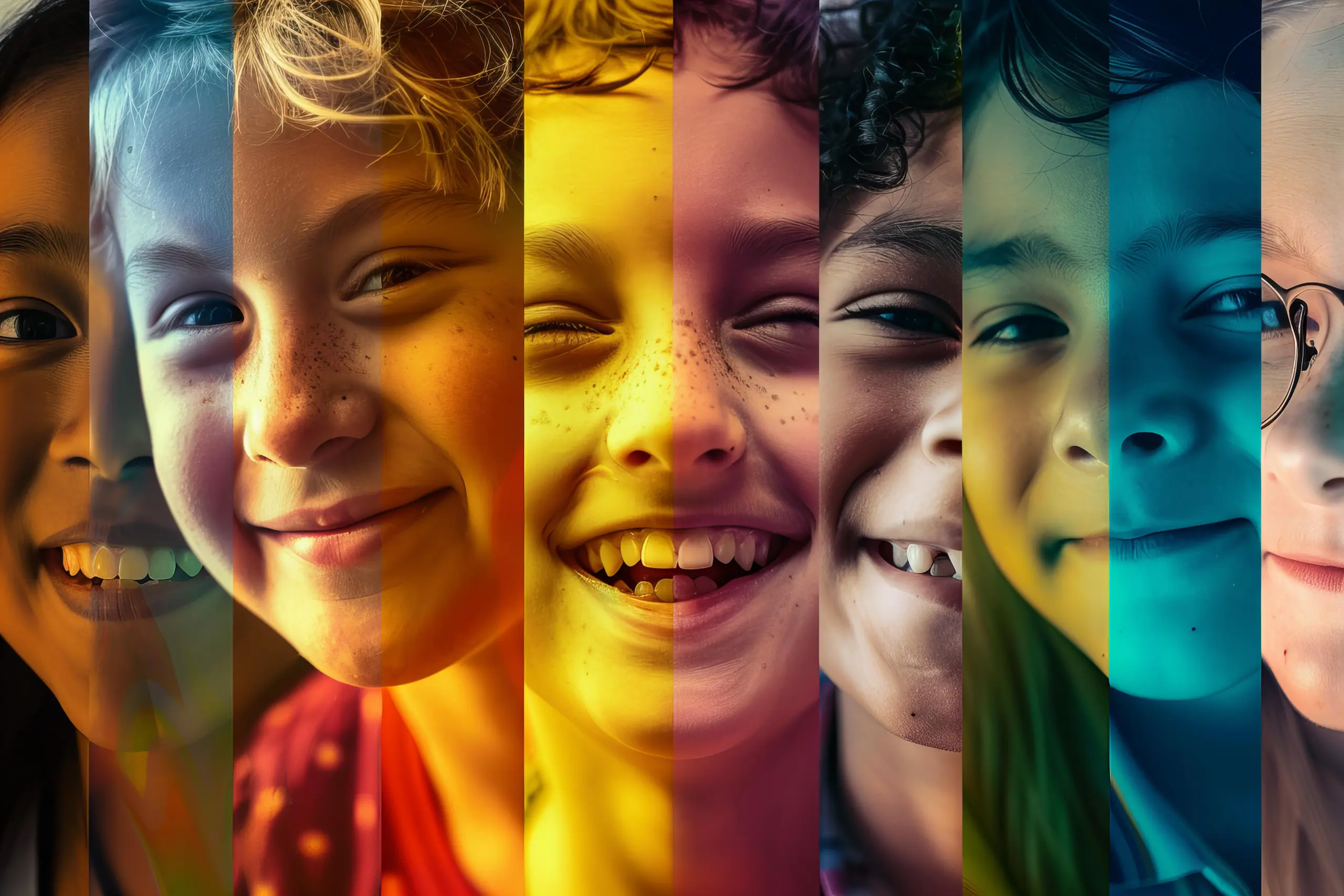Eine Collage mit verschiedenen Kindergesichtern. Die einzelnen Bildern sind bunt schattiert.